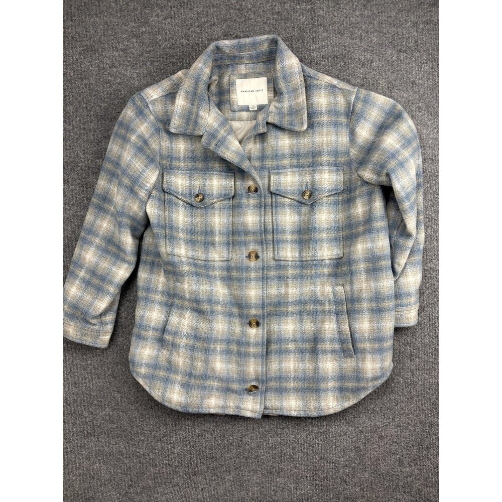 American Eagle Jacket Womens Large Blue Plaid‎ Flannel Button Front Lined